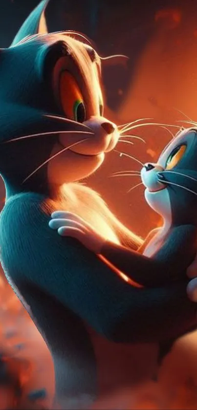 Animated cartoon cats embracing in vibrant orange glow.