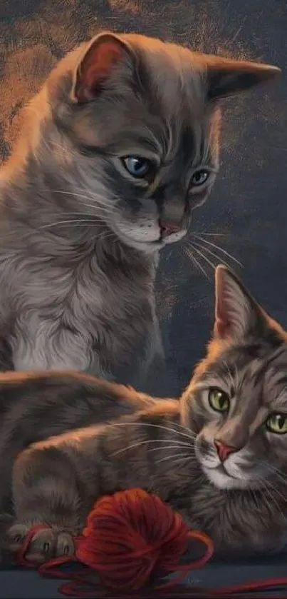 Realistic art of two cats with yarn ball on dark background.