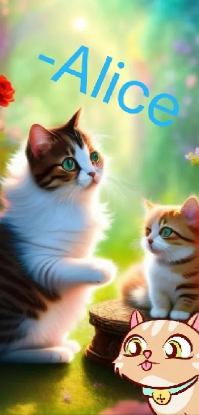 A charming wallpaper with two cats surrounded by vibrant flowers.