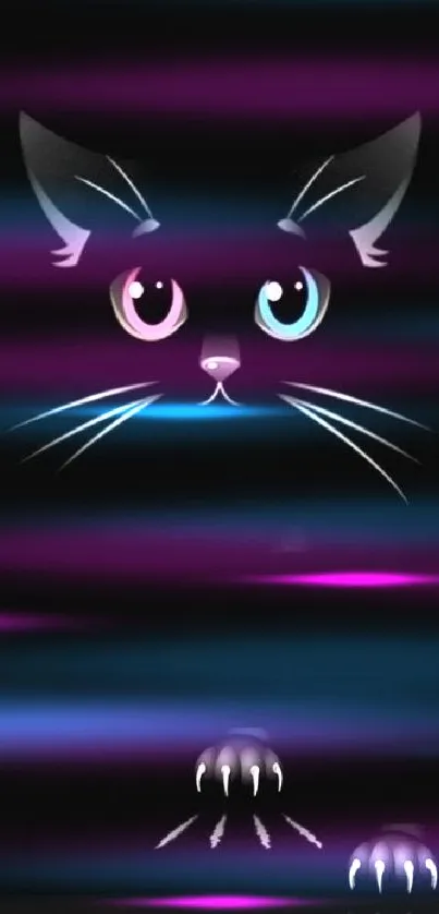 Black cat with blue and pink eyes in a dark background wallpaper.