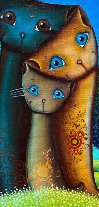 Colorful cat family artwork wallpaper with blue background.