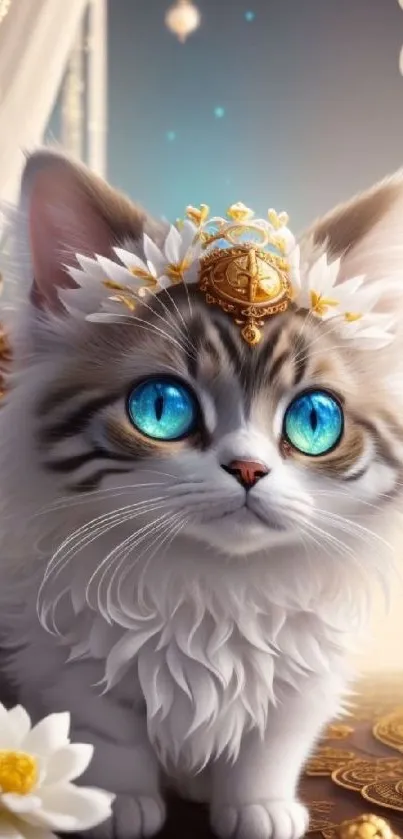 Cute cat with blue eyes fantasy art wallpaper.