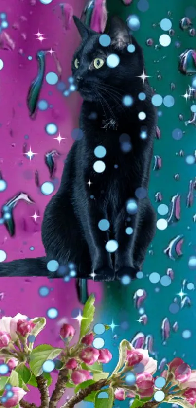 Black cat in a sparkling fantasy scene with flowers on pink and teal background.