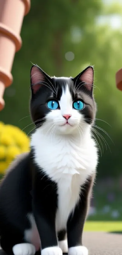 Black and white cat with blue eyes in a garden with terracotta pots.