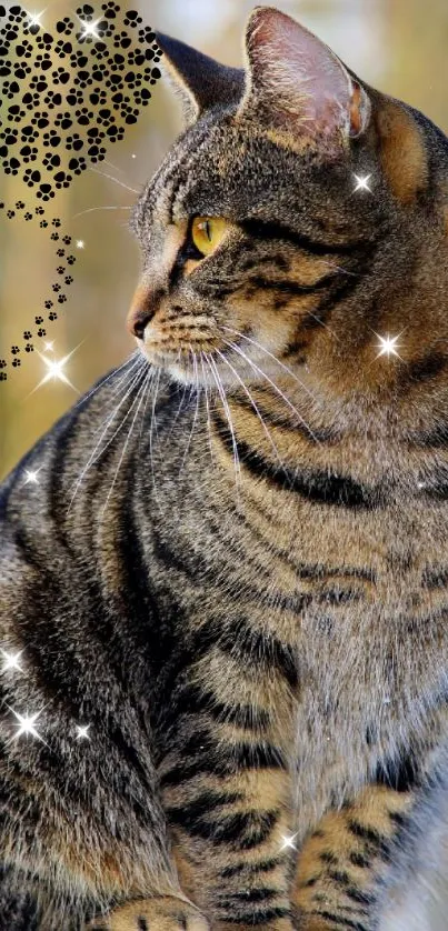 Tabby cat with glittering stars and a heart in a nature backdrop.