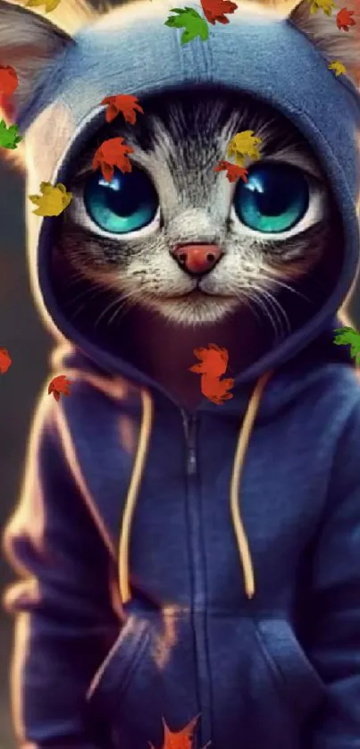 Cute cat in blue hoodie digital art wallpaper.