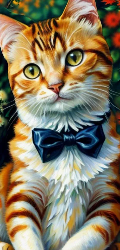 Artistic cat with bowtie in vibrant setting.