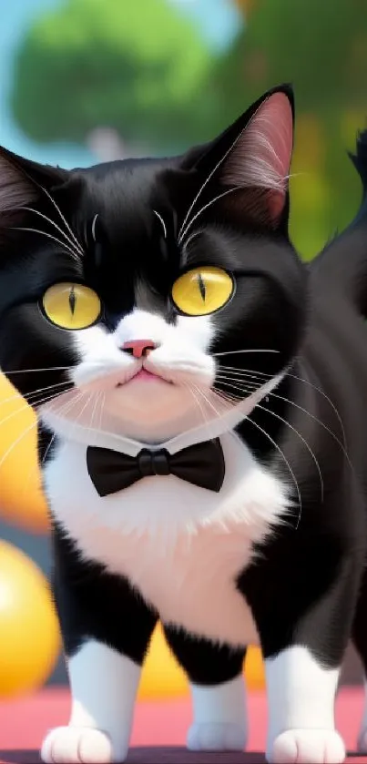 Cute cat with bowtie in colorful backdrop.