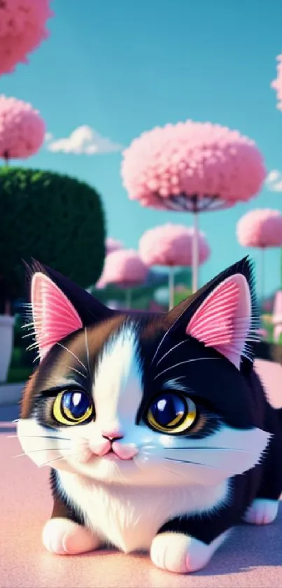 Cute cat in a vibrant fantasy garden with pink trees and a clear sky.