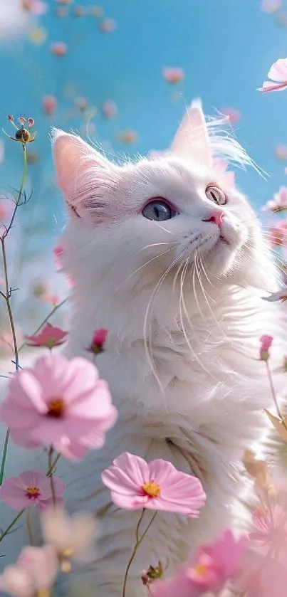 White cat in pink flowers against clear blue sky.