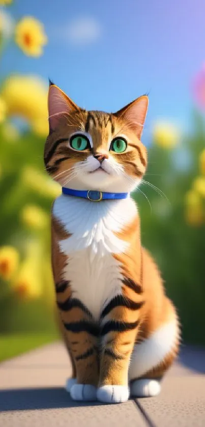 A cute cat sitting in a colorful garden with vibrant flowers and a blue sky.