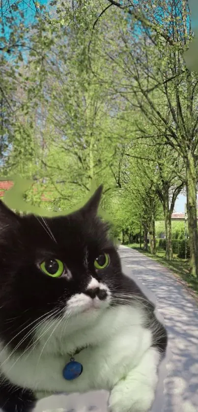 A fluffy black and white cat in a lush green pathway, surrounded by trees.