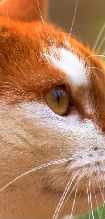 Close-up of a ginger and white cat against a green natural background.