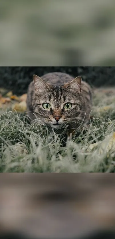 Charming tabby cat hiding in lush green grass.