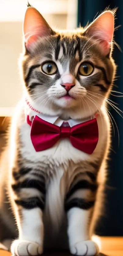 Adorable cat with a red bowtie seated on a table.