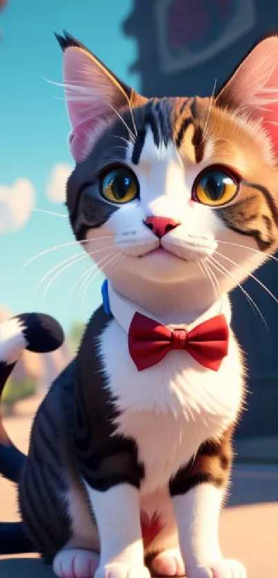 Adorable cat wearing a red bowtie sitting on a sunny street.