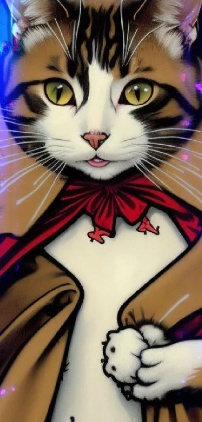 Artistic cat in a red cloak mobile wallpaper.