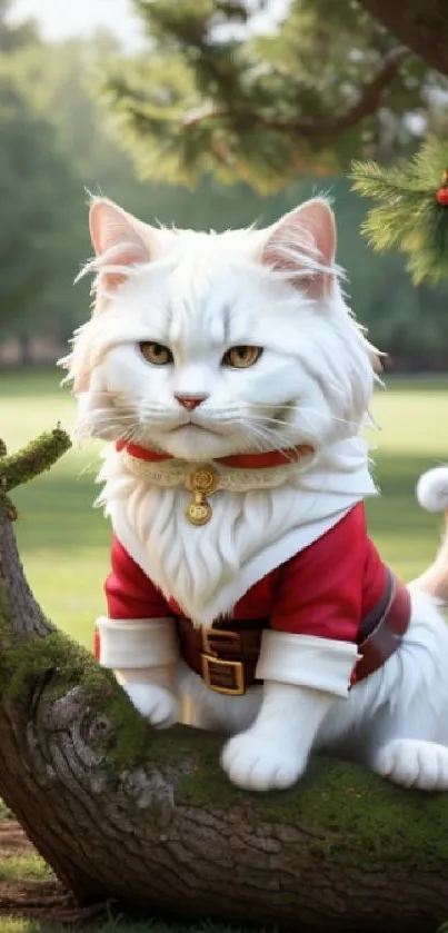 White cat in a Santa outfit sitting on a log outdoors.