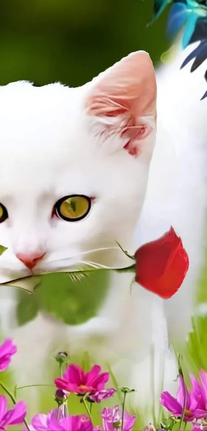 White cat with red rose and vibrant flowers in a spring garden setting.