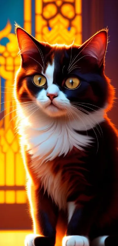 Adorable cat illuminated by warm, glowing light next to a decorative window.