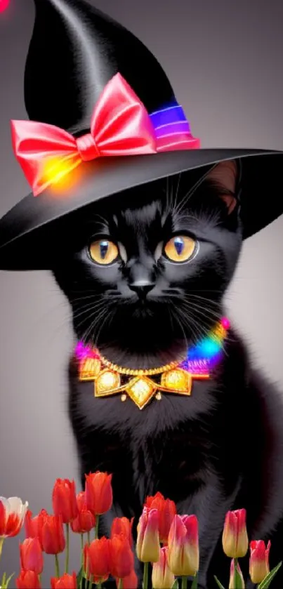 Black cat in witch hat with tulips in mobile wallpaper.