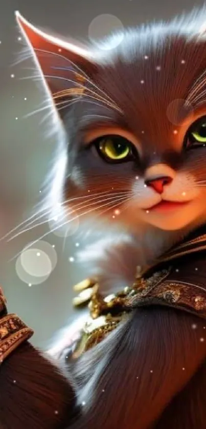 Elegant cat with glowing eyes and jewelry in fantasy wallpaper.