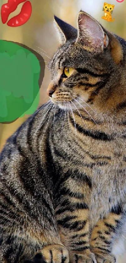 Majestic tabby cat on post with emojis and love text.