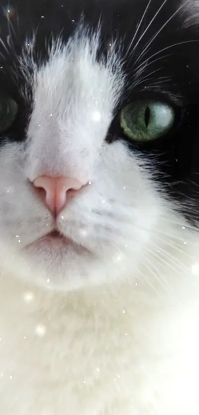 Charming black and white cat with sparkling eyes close-up.