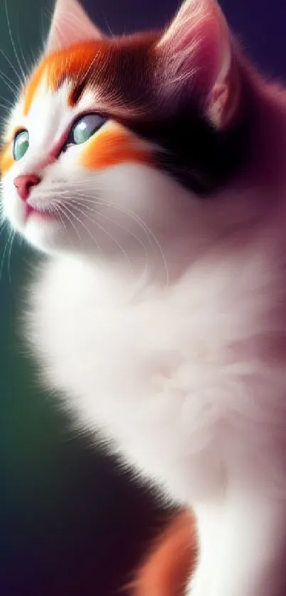 Fluffy white and orange cat with glowing eyes on a purple gradient background.