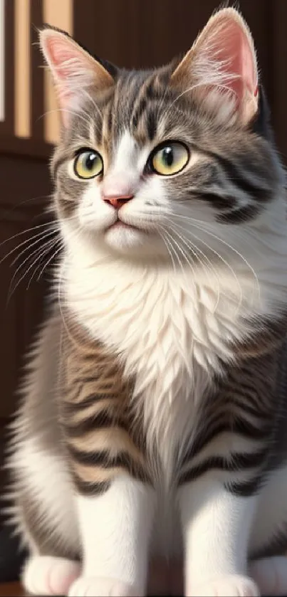 Cute tabby cat with green eyes sitting in a sunlit room.