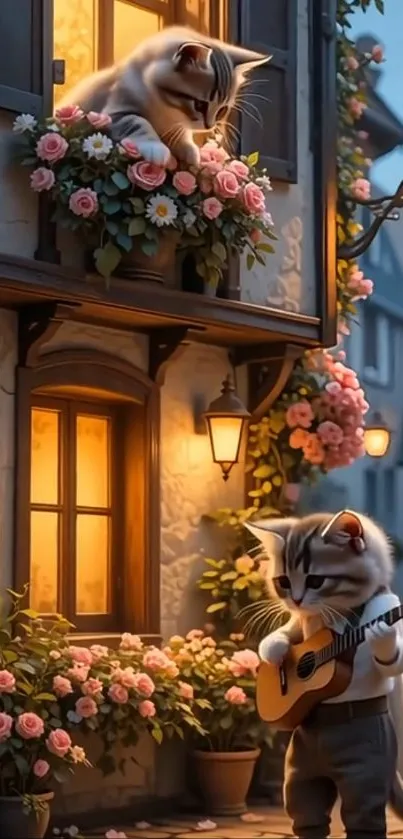 Charming cat playing guitar in a floral street.