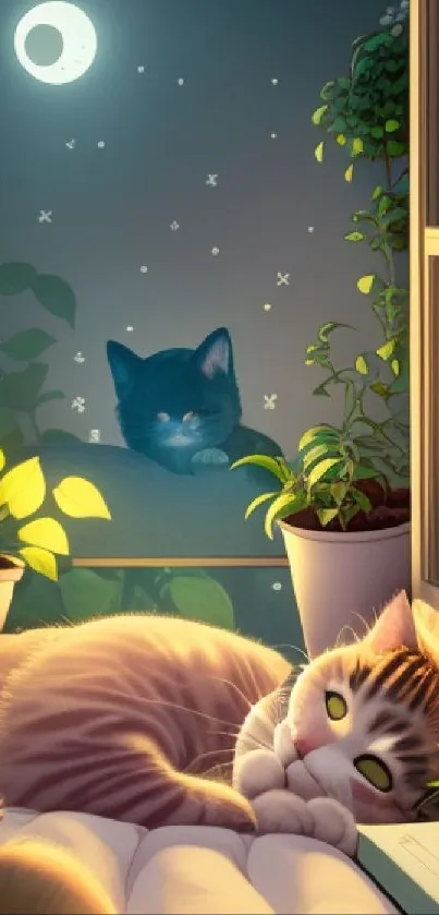 Two cats rest by a moonlit window with potted plants.