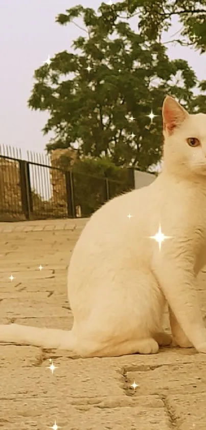 White cat sitting on cobblestone path under trees with warm evening light.