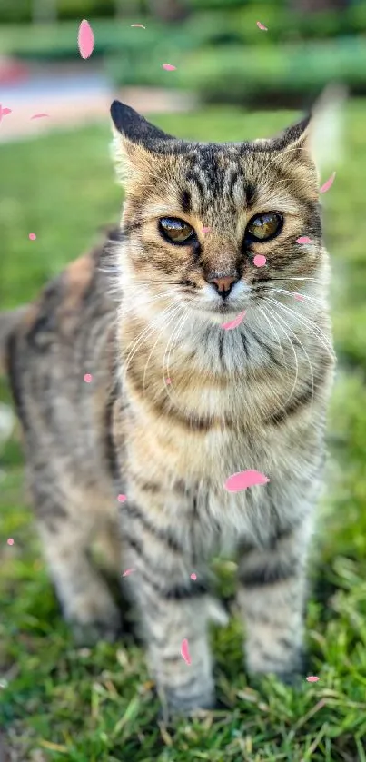 Close-up of a cat on a green lawn, perfect for wallpapers.