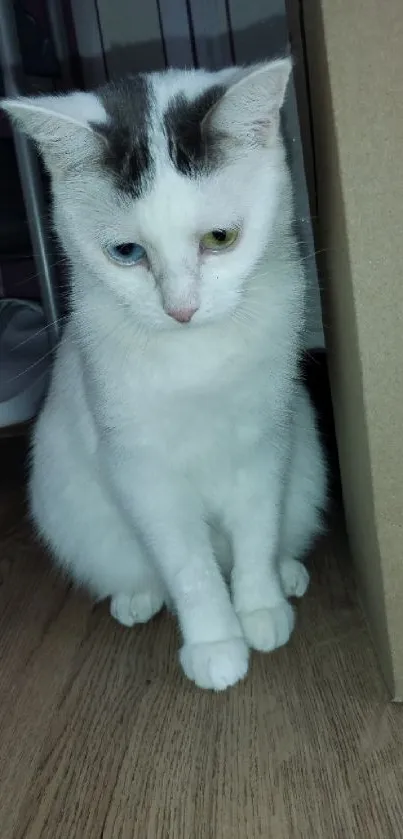 White cat with unique eyes sits on a wooden floor.