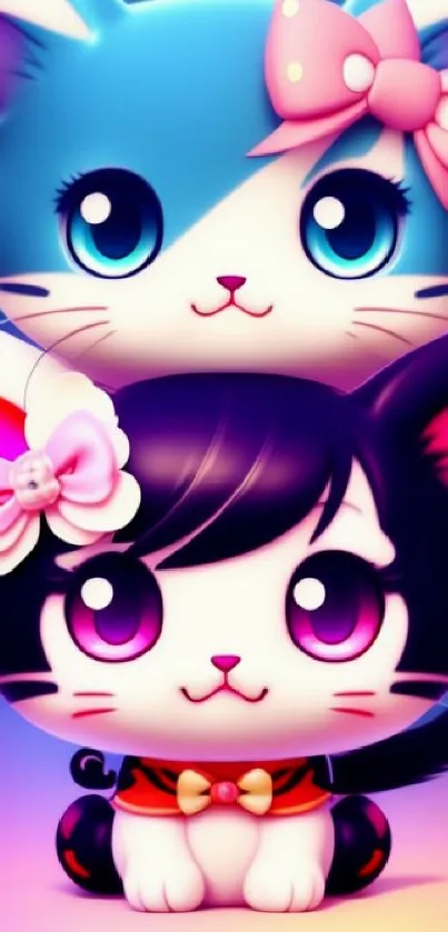 Adorable cartoon cats with bows in a colorful, kawaii mobile wallpaper.