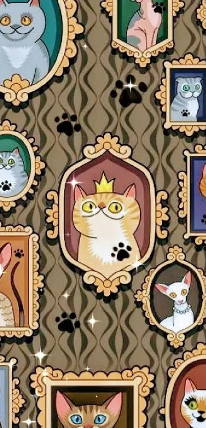 Mobile wallpaper with whimsical cat portraits in ornate frames on a brown background.