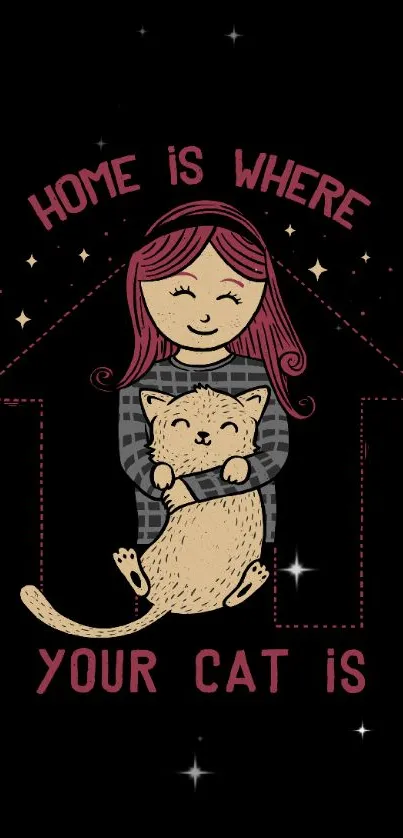 Illustration of girl hugging cat with heartwarming quote.