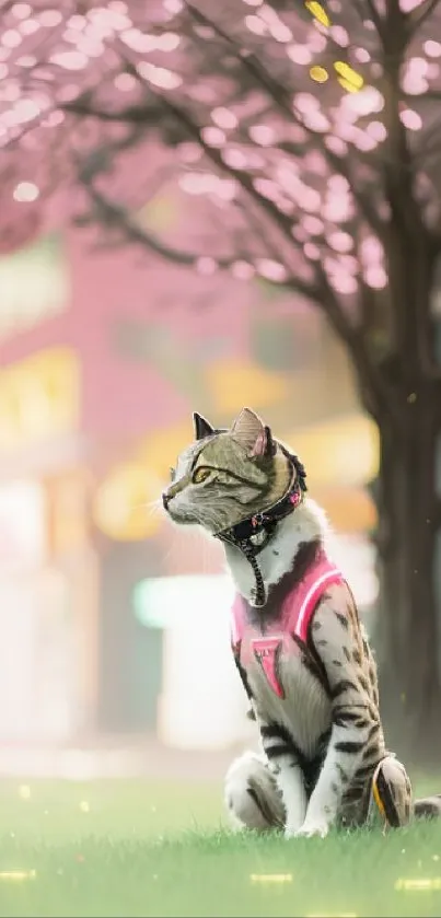 Cat in pink harness sitting under cherry blossoms.