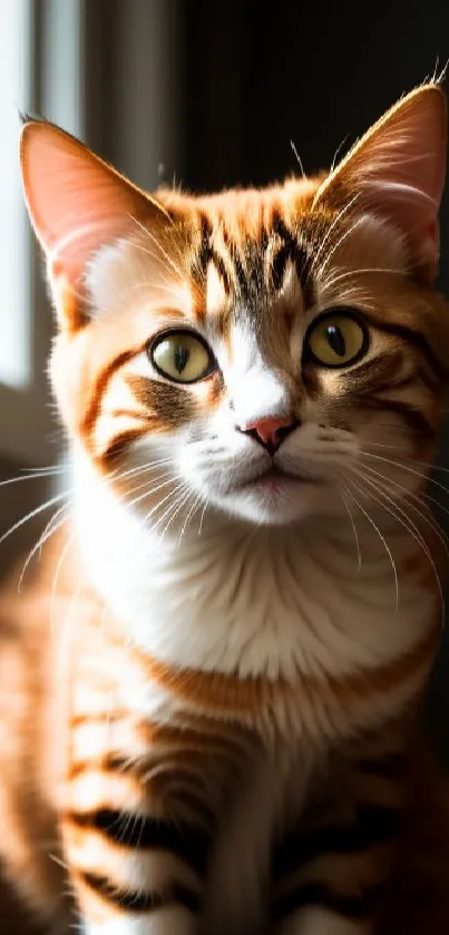 Orange striped cat sitting by a window with a curious expression.