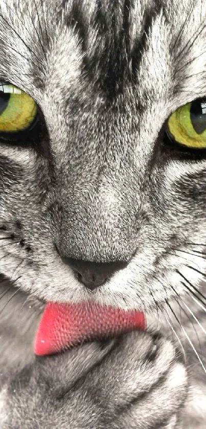 Charming gray cat with vibrant green eyes licking paw.