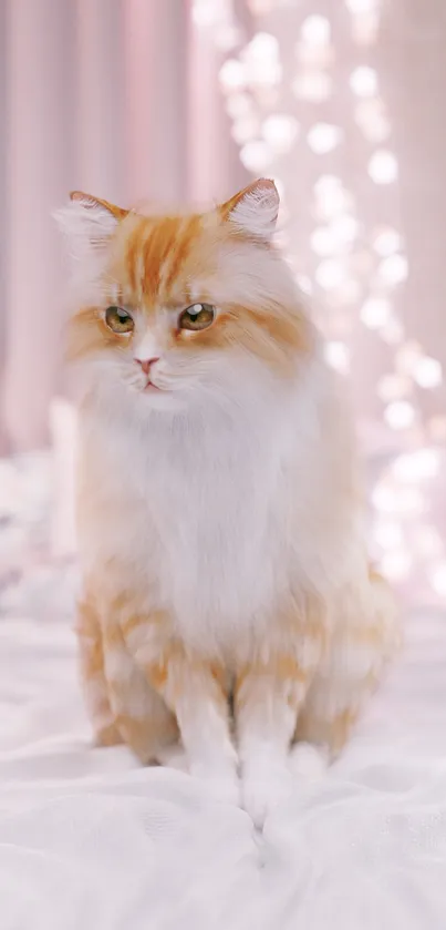 Charming fluffy cat sitting on a soft bed.