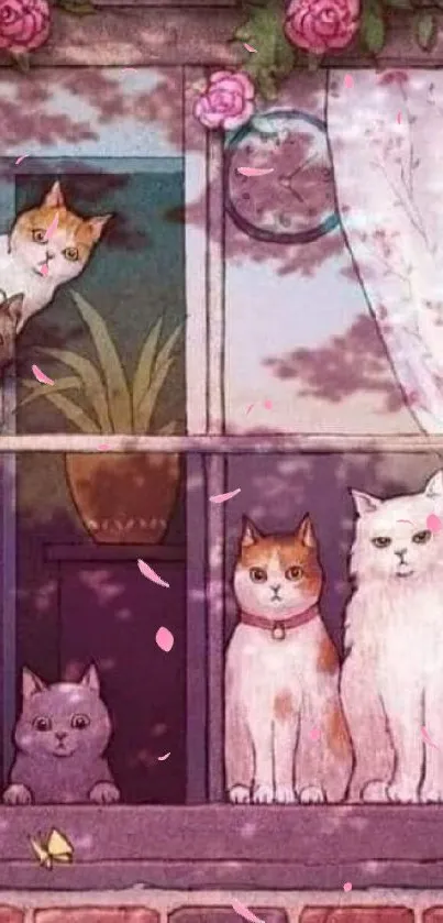 Cats gaze out a charming window surrounded by flowers, in a serene mobile wallpaper.