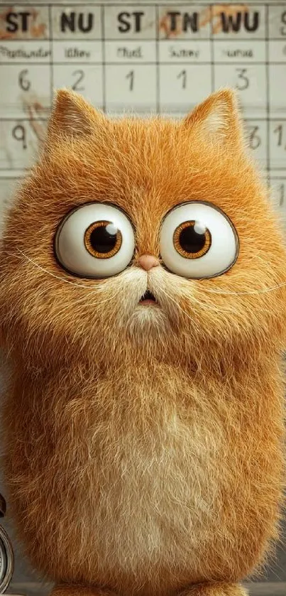 Wide-eyed fluffy cat standing indoor, cute expression.
