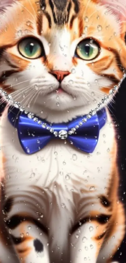 Cute cat with blue bow tie and water droplets on glass.