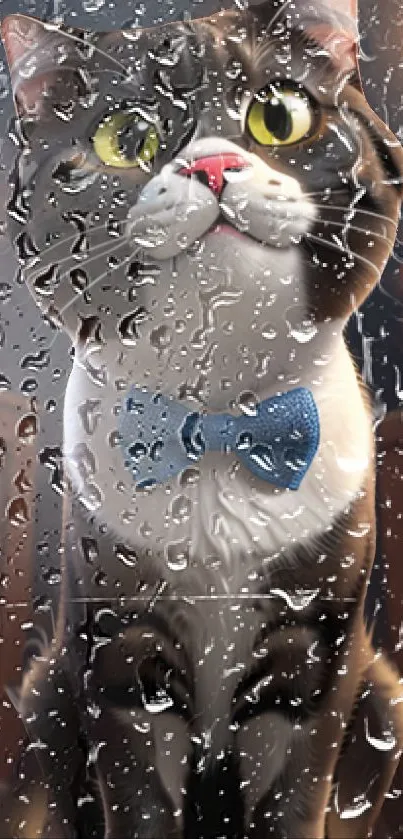 Cute cat with bow tie behind rain-soaked glass.