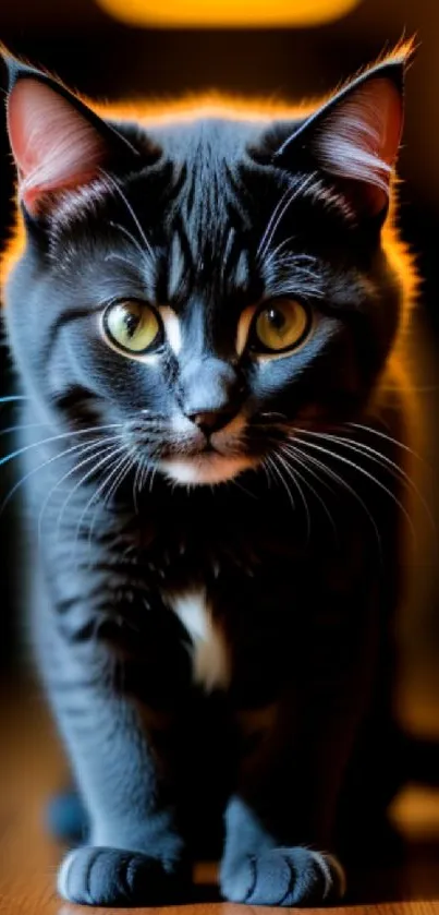 Close-up of a cat with striking yellow eyes in soft lighting.