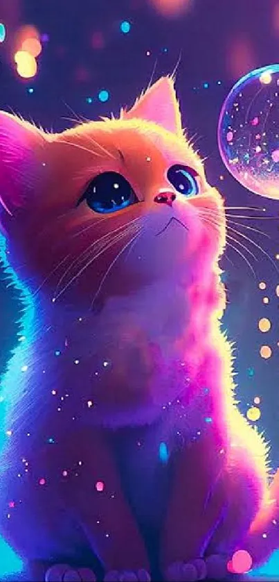 Adorable cat staring at a bubble in colorful dreamy background.