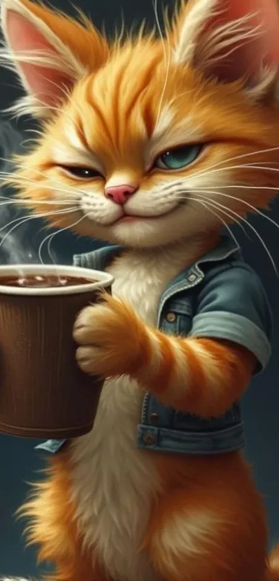 Cute orange cat holding a coffee cup, wearing a denim jacket.