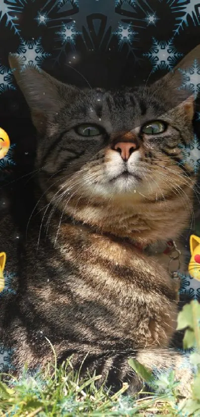 Playful cat with emojis and intricate patterns in background